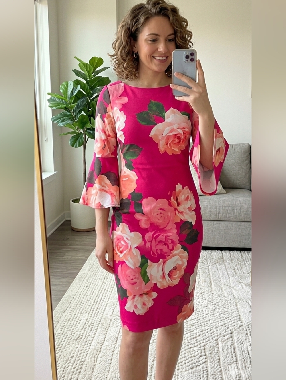 Calvin Klein Floral Bell Sleeve Dress Pink Rose Print Size 8 Sheath